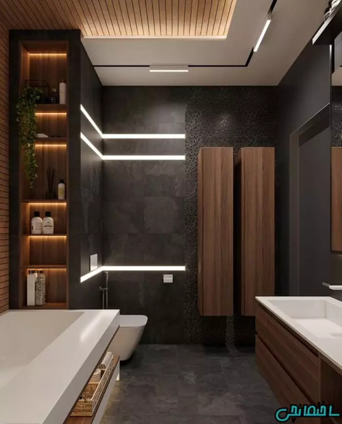 استفاده از دیوارکوب چوبی در حمام و سرویس بهداشتی