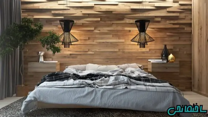 استفاده از پانل های چوبی برای تزئین دیوار پشت تخت خواب